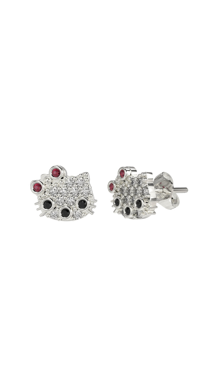 925 Ayar Mix Taşlı Rodyum Hello Kitty Çivili Minimal Gümüş Küpe