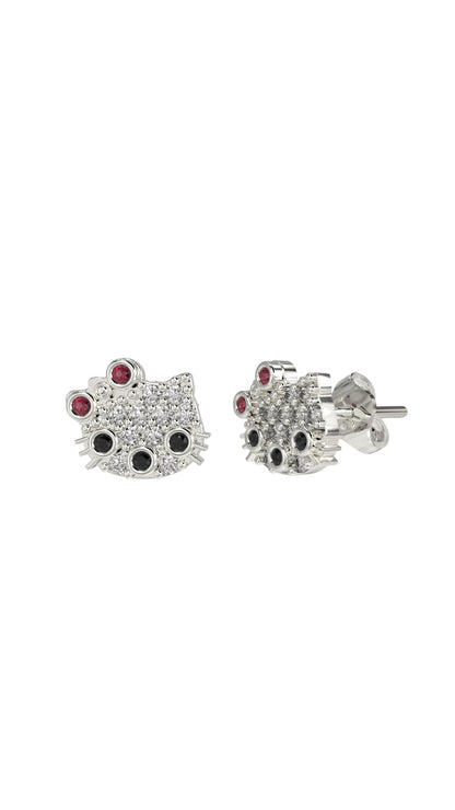 925 Ayar Mix Taşlı Rodyum Hello Kitty Çivili Minimal Gümüş Küpe
