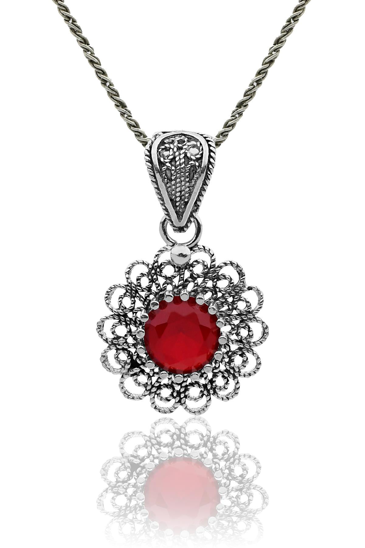 Ocak Lal Doğum Taşı Çiçek Motifli Telkari Gümüş Kolye