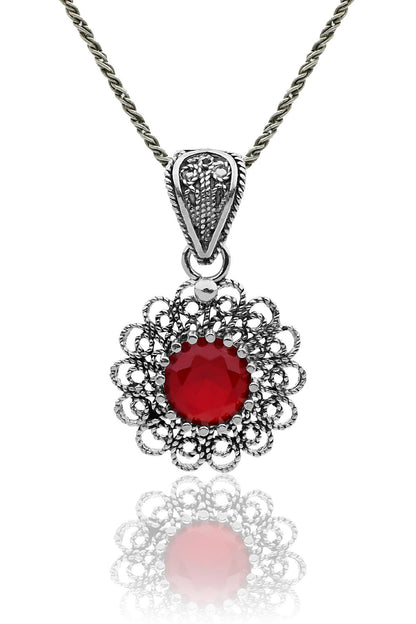 Ocak Lal Doğum Taşı Çiçek Motifli Telkari Gümüş Kolye
