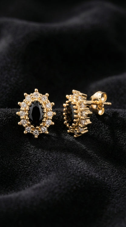 925 Ayar Oniks Taşlı Gold Oval Anturaj Minimal Çivili Gümüş Küpe