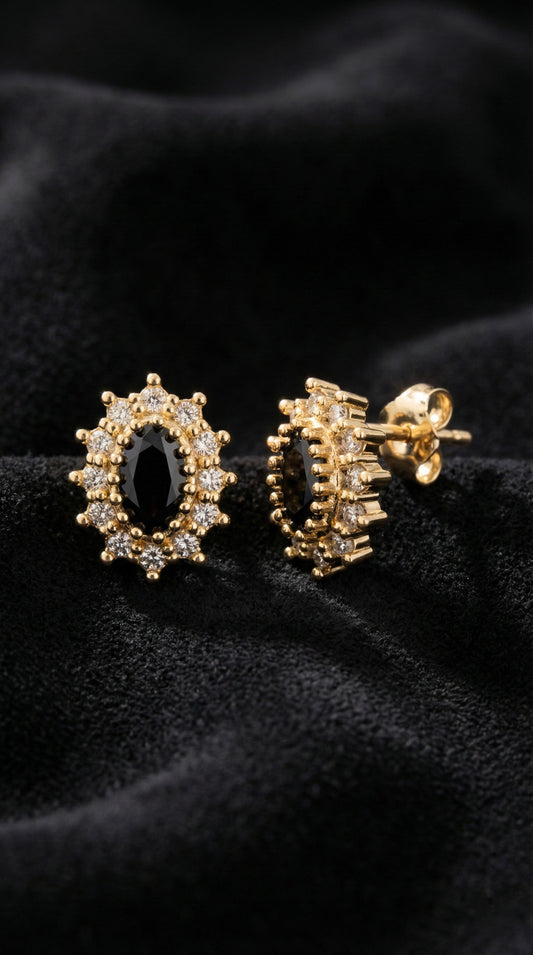 925 Ayar Oniks Taşlı Gold Oval Anturaj Minimal Çivili Gümüş Küpe