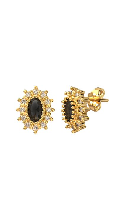 925 Ayar Oniks Taşlı Gold Oval Anturaj Minimal Çivili Gümüş Küpe