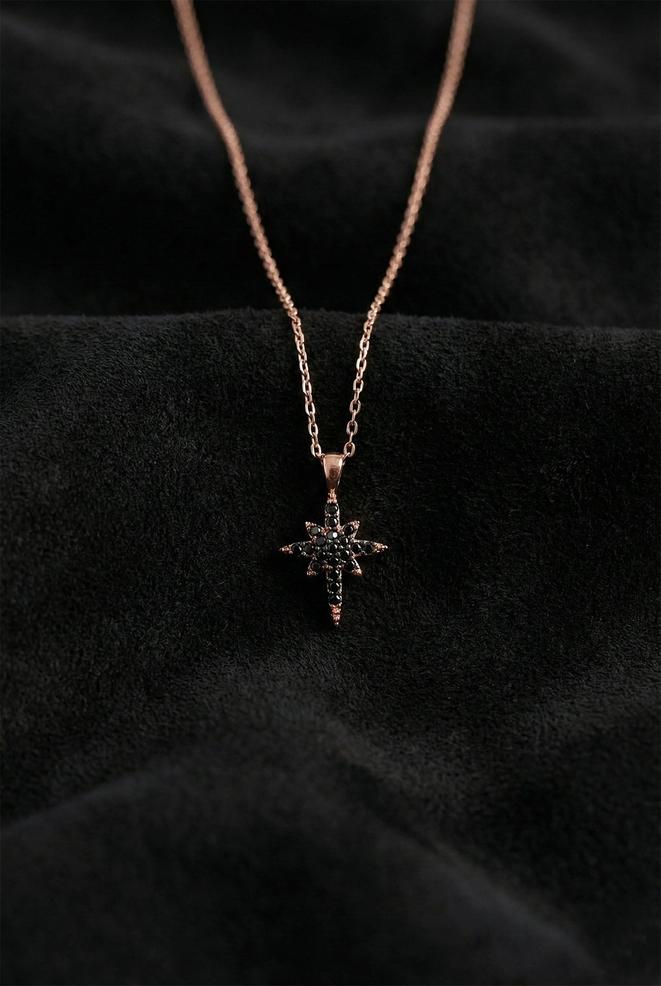 925 Ayar Oniks Taşlı Rose Kuzey Yıldızı Minimal Gümüş Kolye