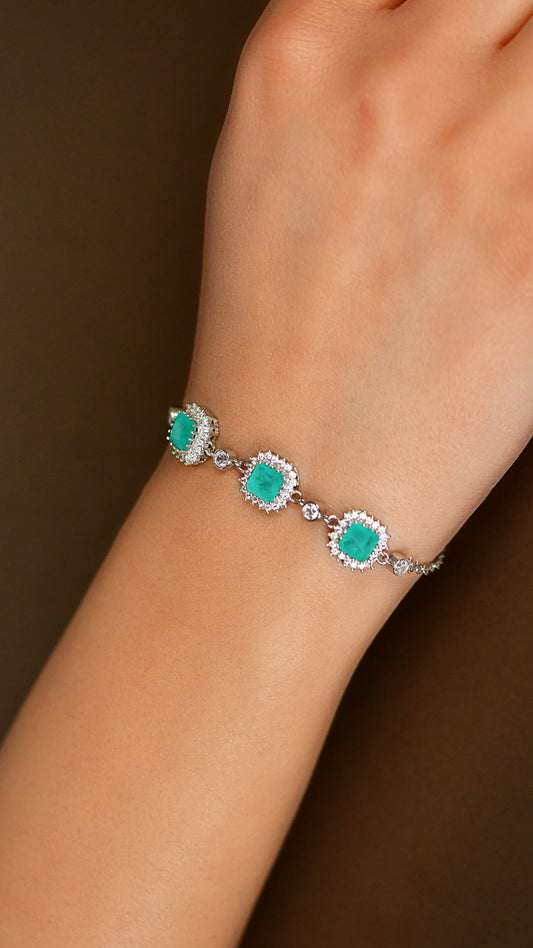 925 Ayar Paraiba Taşlı Rodyum Kare Anturaj Gümüş Bileklik