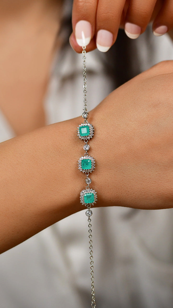 925 Ayar Paraiba Taşlı Rodyum Kare Anturaj Gümüş Bileklik