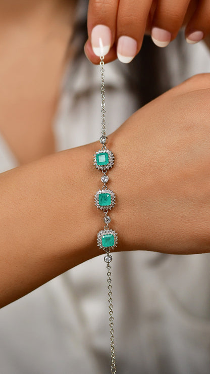 925 Ayar Paraiba Taşlı Rodyum Kare Anturaj Gümüş Bileklik