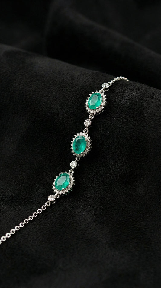925 Ayar Paraiba Taşlı Rodyum Oval Anturaj Gümüş Bileklik