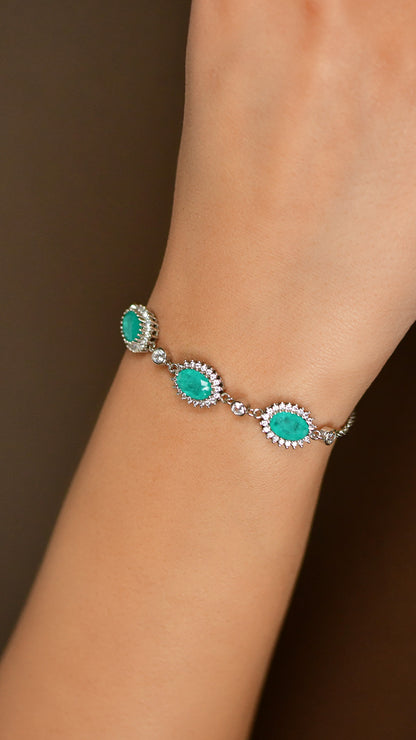 925 Ayar Paraiba Taşlı Rodyum Oval Anturaj Gümüş Bileklik