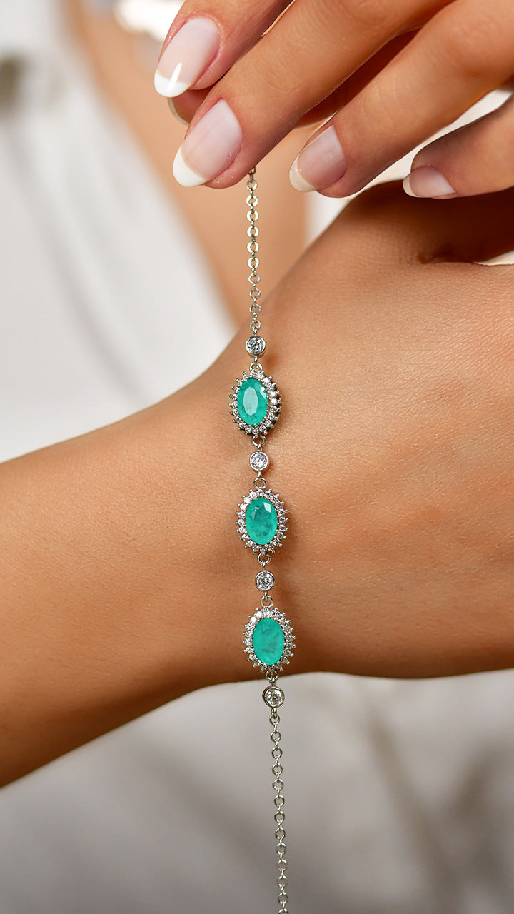 925 Ayar Paraiba Taşlı Rodyum Oval Anturaj Gümüş Bileklik