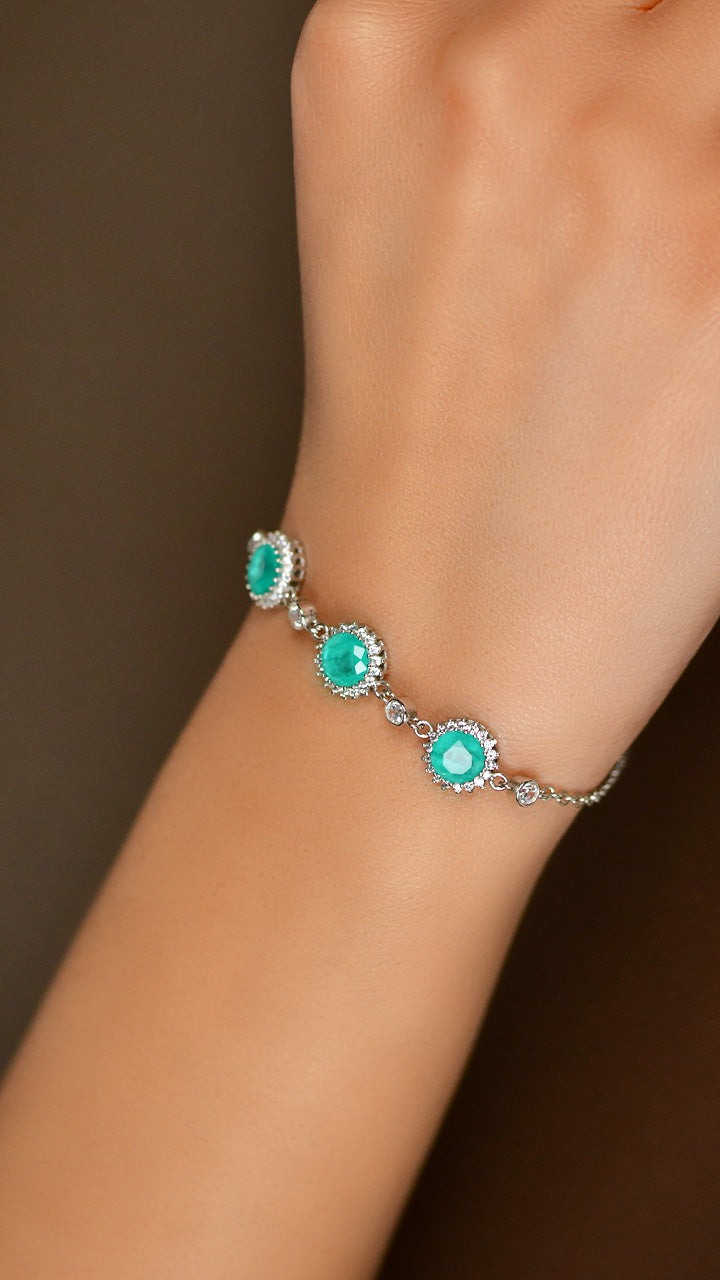 925 Ayar Paraiba Taşlı Rodyum Yuvarlak Anturaj Gümüş Bileklik