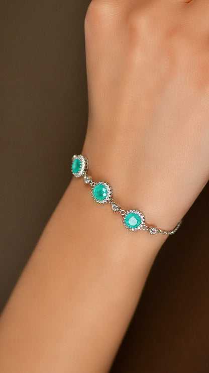 925 Ayar Paraiba Taşlı Rodyum Yuvarlak Anturaj Gümüş Bileklik