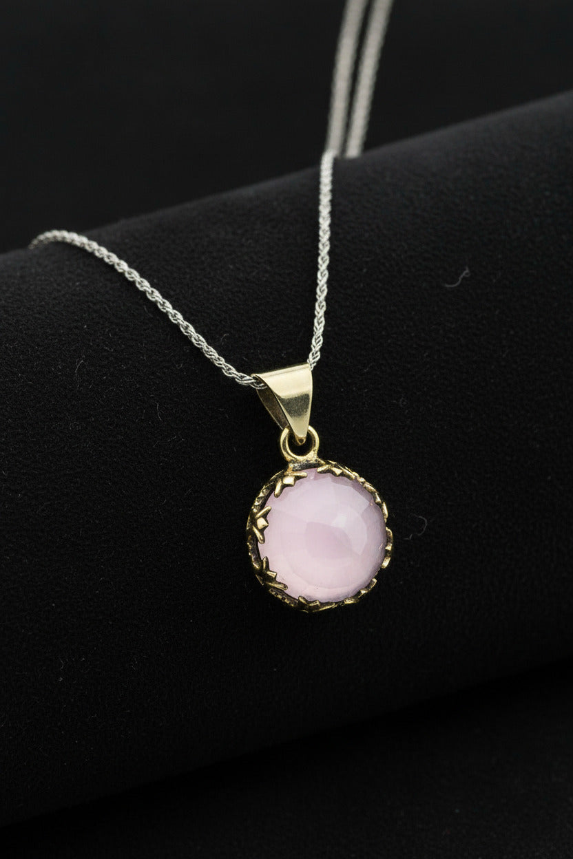 Pembe Kuvars Taşlı Lale Motifli Otantik Gümüş Kadın Kolye