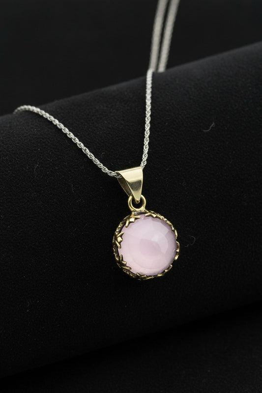 Pembe Kuvars Taşlı Lale Motifli Otantik Gümüş Kadın Kolye