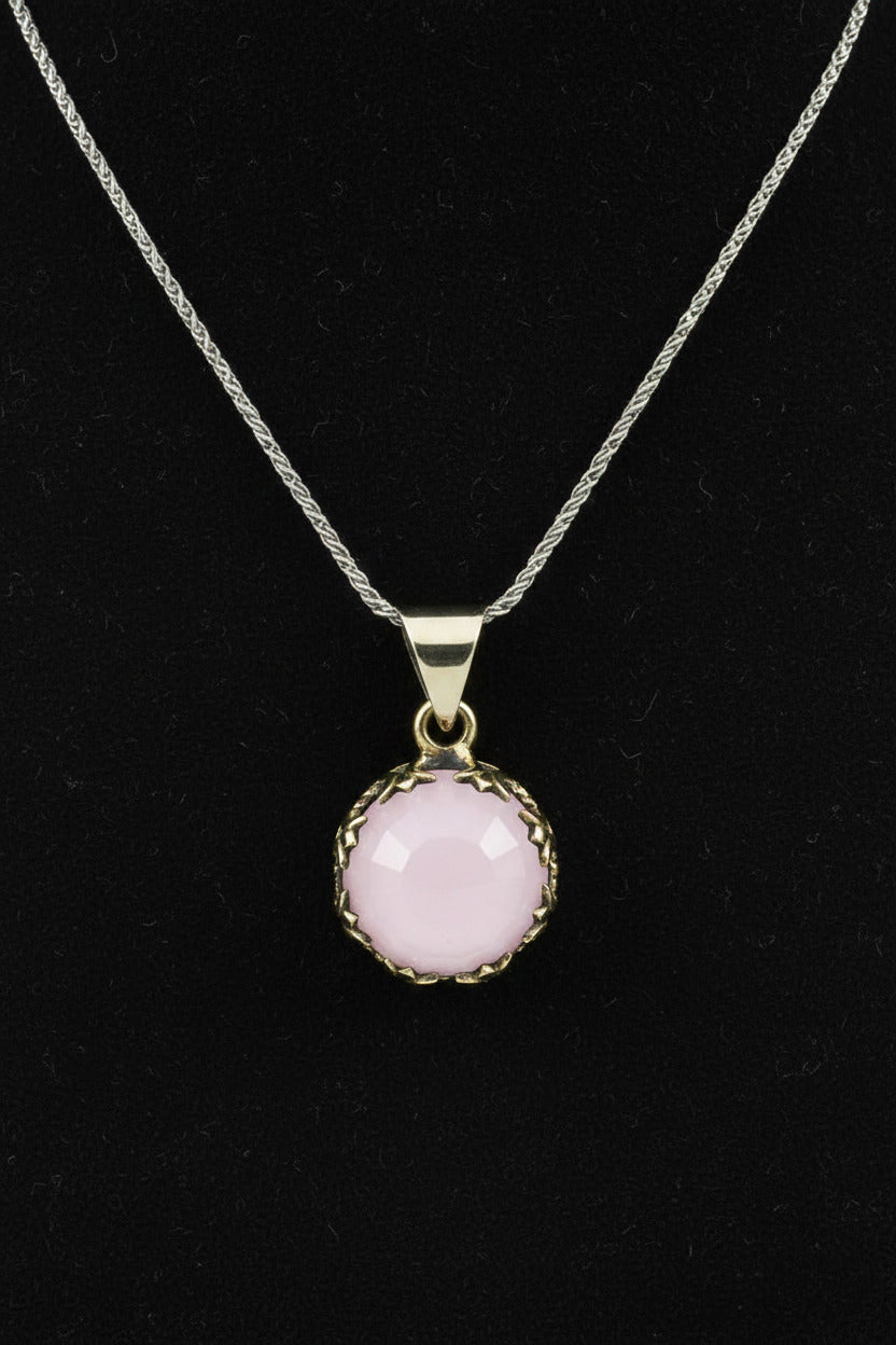 Pembe Kuvars Taşlı Lale Motifli Otantik Gümüş Kadın Kolye