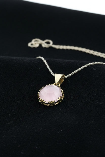 Pembe Kuvars Taşlı Lale Motifli Otantik Gümüş Kadın Kolye