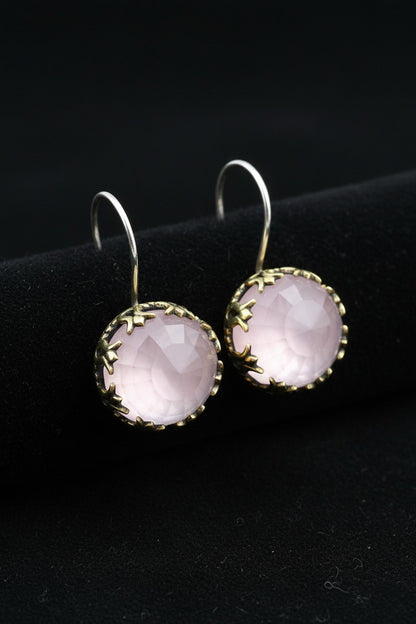 Pembe Kuvars Taşlı Lale Motifli Otantik Gümüş Kadın Küpe
