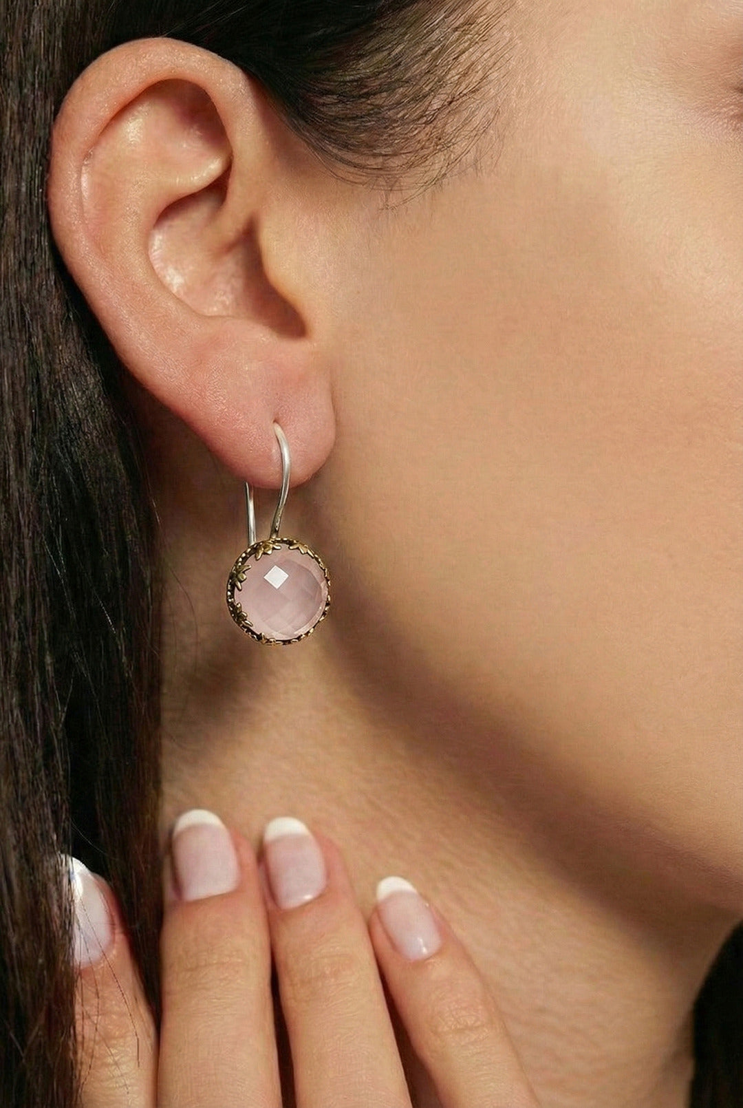Pembe Kuvars Taşlı Lale Motifli Otantik Gümüş Kadın Küpe