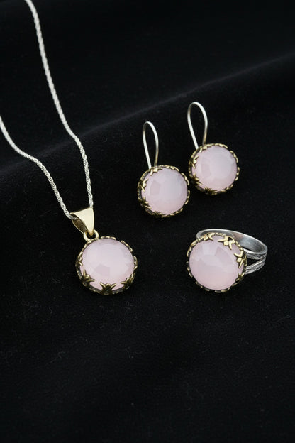 Pembe Kuvars Taşlı Lale Motifli Yuvarlak Otantik Gümüş Kadın Set