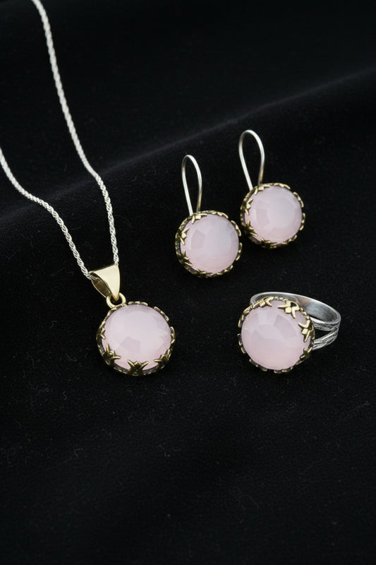 Pembe Kuvars Taşlı Lale Motifli Yuvarlak Otantik Gümüş Kadın Set