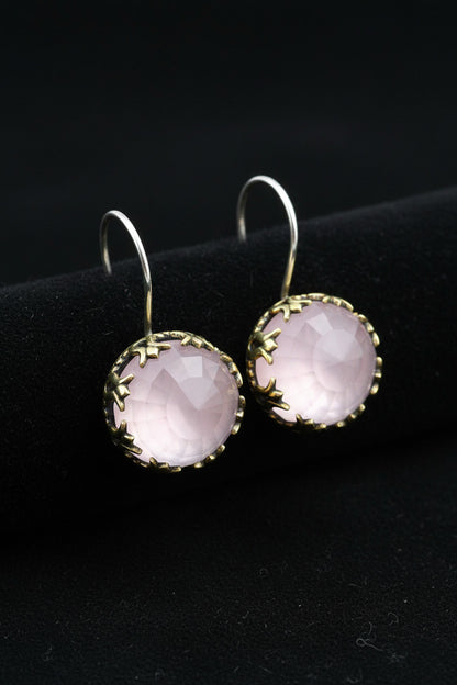 Pembe Kuvars Taşlı Lale Motifli Yuvarlak Otantik Gümüş Kadın Set