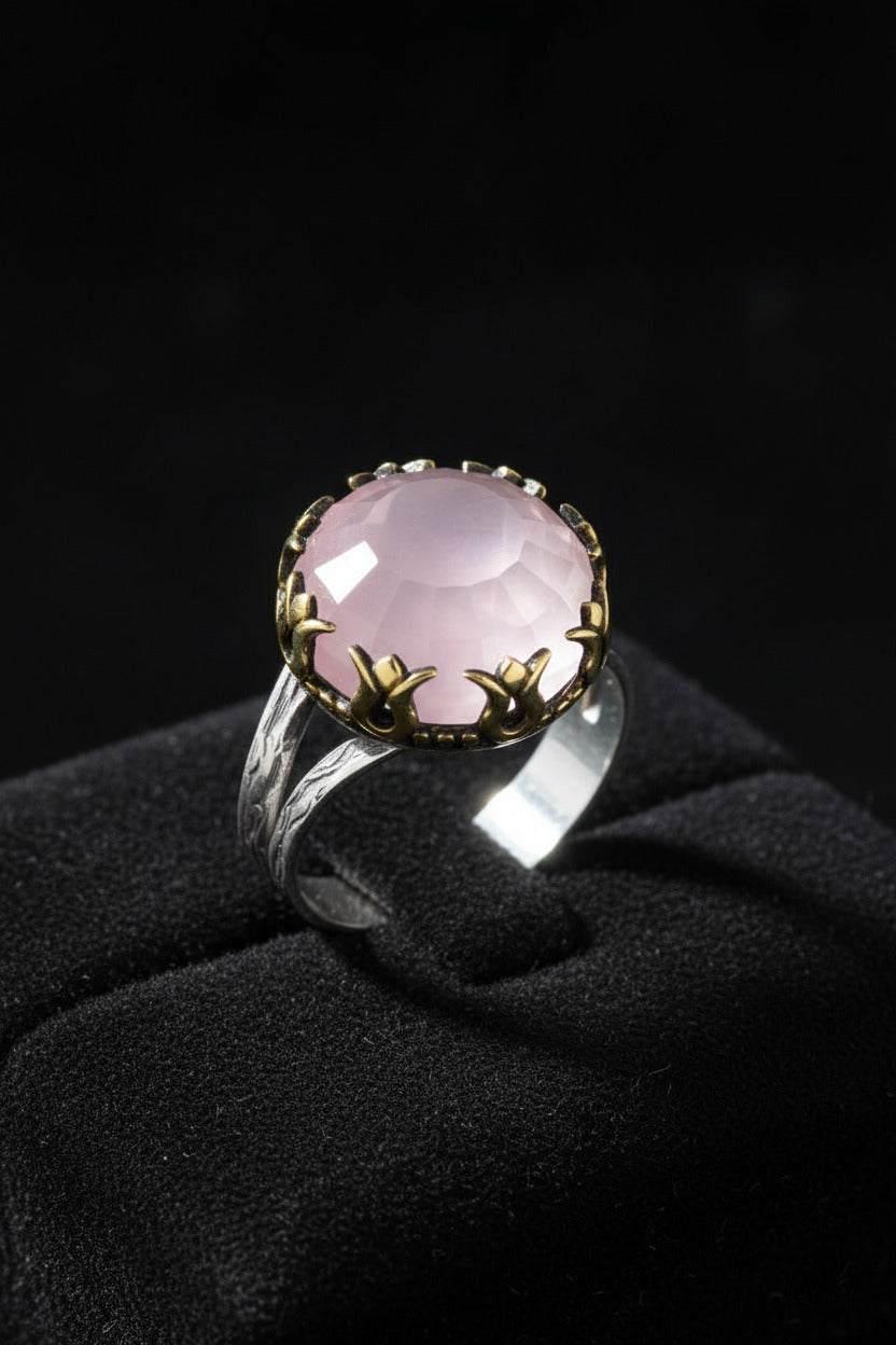 Pembe Kuvars Taşlı Lale Motifli Yuvarlak Otantik Gümüş Kadın Set