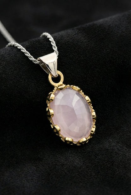 Pembe Kuvars Taşlı Otantik Gümüş Kadın Kolye