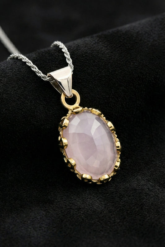 Pembe Kuvars Taşlı Otantik Gümüş Kadın Kolye