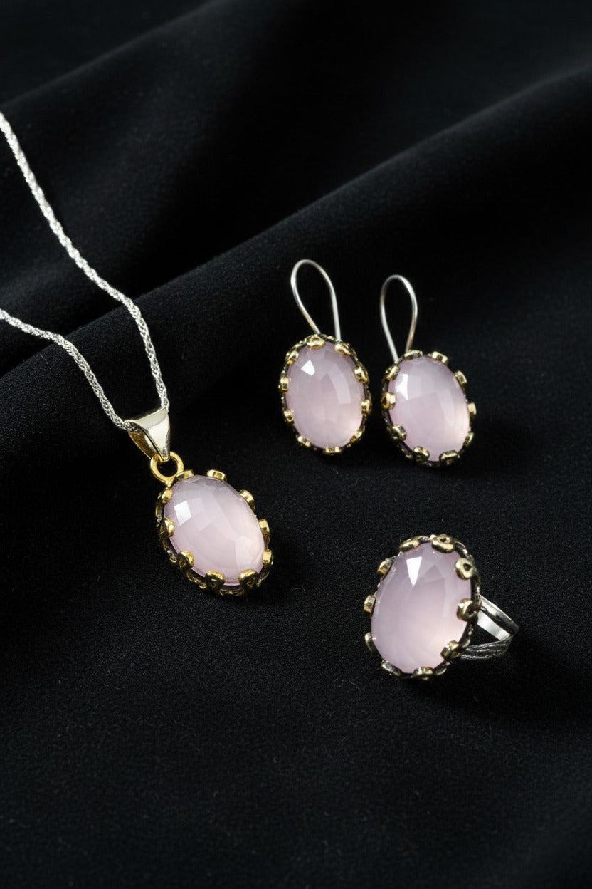 Pembe Kuvars Taşlı Otantik Gümüş Kadın Set