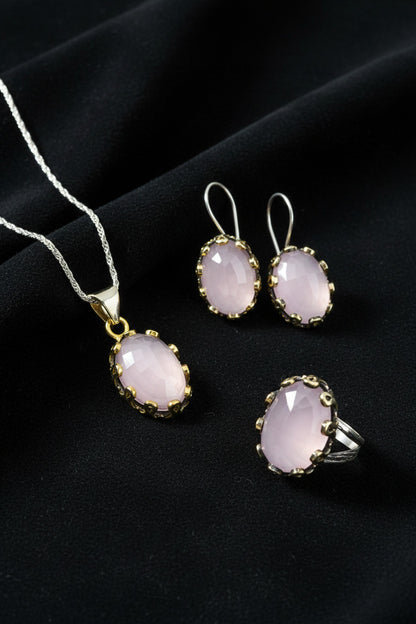 Pembe Kuvars Taşlı Otantik Gümüş Kadın Set