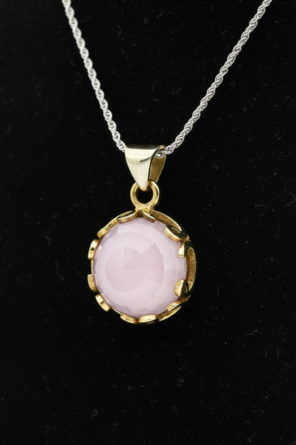 Pembe Kuvars Taşlı Vav Harfi Motifli Otantik Gümüş Kadın Kolye