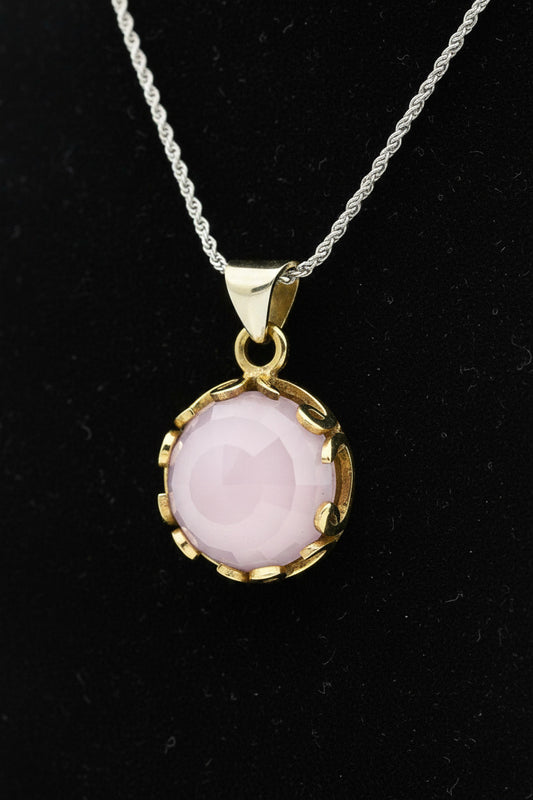 Pembe Kuvars Taşlı Vav Harfi Motifli Otantik Gümüş Kadın Kolye