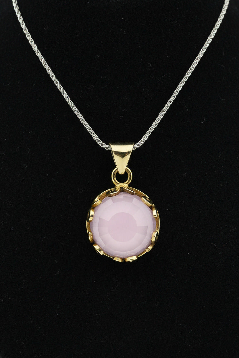 Pembe Kuvars Taşlı Vav Harfi Motifli Otantik Gümüş Kadın Kolye