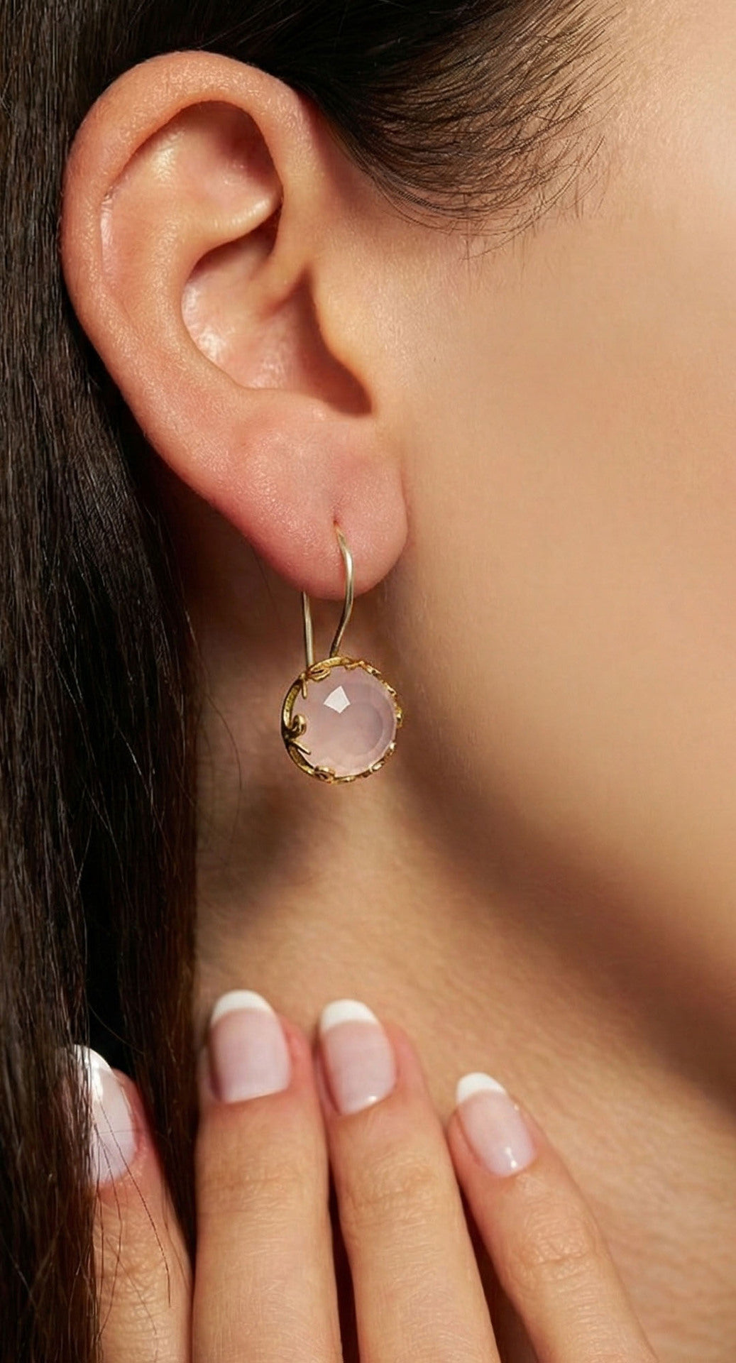 Pembe Kuvars Taşlı Vav Harfi Motifli Otantik Gümüş Kadın Küpe
