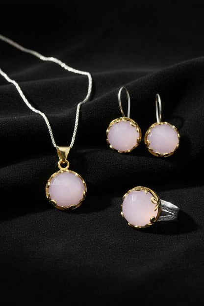 Pembe Kuvars Taşlı Vav Harfi Motifli Otantik Gümüş Kadın Set