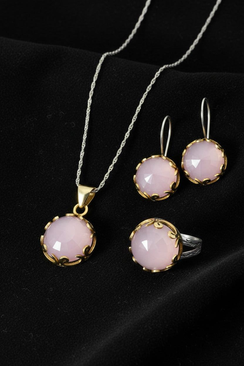 Pembe Kuvars Taşlı Vav Harfi Motifli Otantik Gümüş Kadın Set