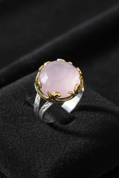 Pembe Kuvars Taşlı Vav Harfi Motifli Otantik Gümüş Kadın Set