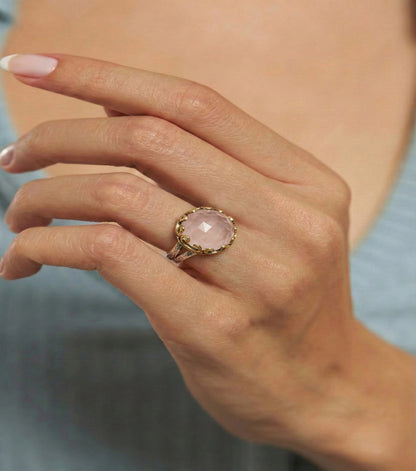 Pembe Kuvars Taşlı Vav Harfi Motifli Otantik Gümüş Kadın Set