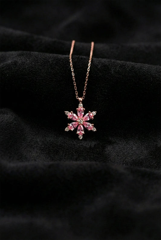 925 Ayar Pembe Zirkon Taşlı Rose Lotus Çiçeği Gümüş Kolye