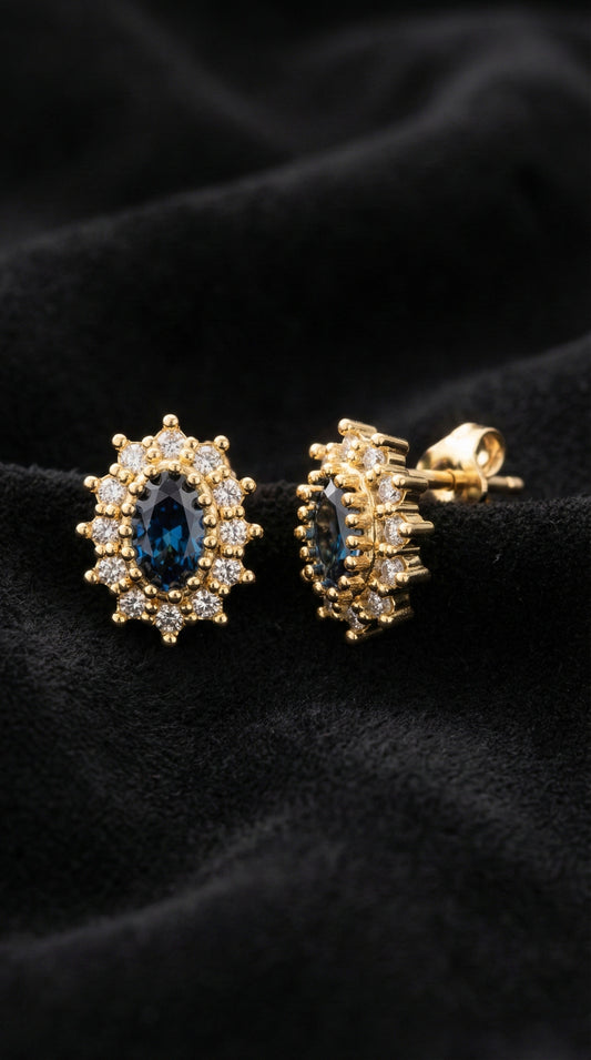 925 Ayar Safir Taşlı Gold Oval Anturaj Minimal Çivili Gümüş Küpe