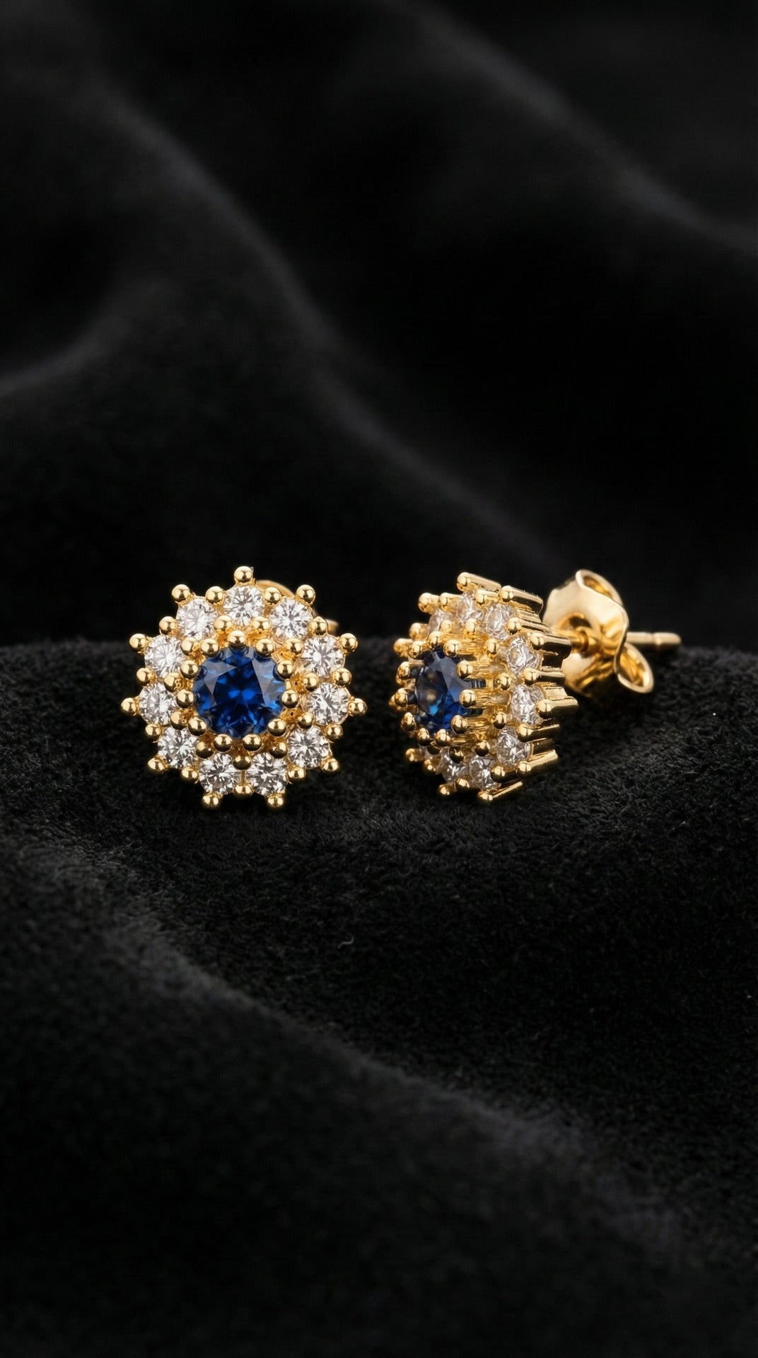 925 Ayar Safir Taşlı Gold Yuvarlak Anturaj Minimal Çivili Gümüş Küpe