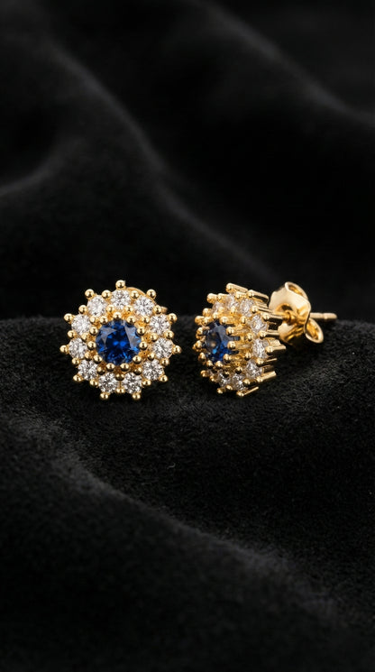 925 Ayar Safir Taşlı Gold Yuvarlak Anturaj Minimal Çivili Gümüş Küpe