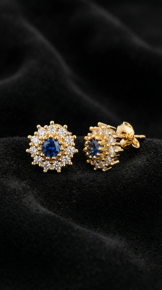 925 Ayar Safir Taşlı Gold Yuvarlak Anturaj Minimal Çivili Gümüş Küpe
