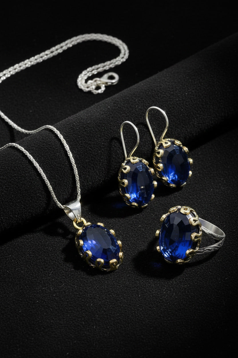 Safir Taşlı Otantik Gümüş Kadın Set