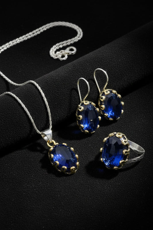 Safir Taşlı Otantik Gümüş Kadın Set