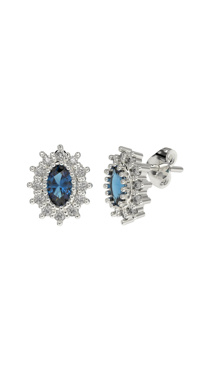925 Ayar Safir Taşlı Rodyum Oval Anturaj Minimal Çivili Gümüş Küpe