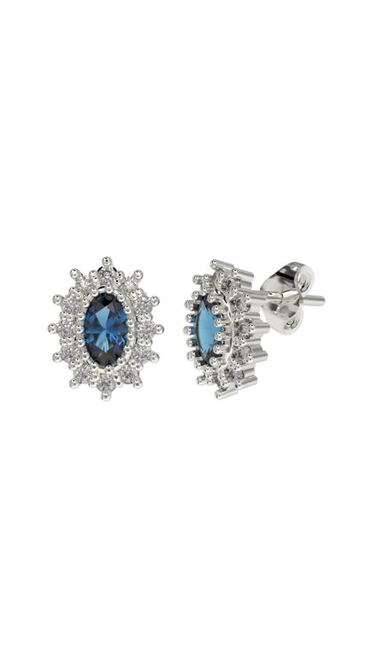 925 Ayar Safir Taşlı Rodyum Oval Anturaj Minimal Çivili Gümüş Küpe