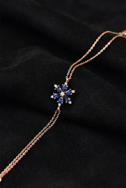 925 Ayar Safir Taşlı Rose Lotus Çiçeği Gümüş Bileklik