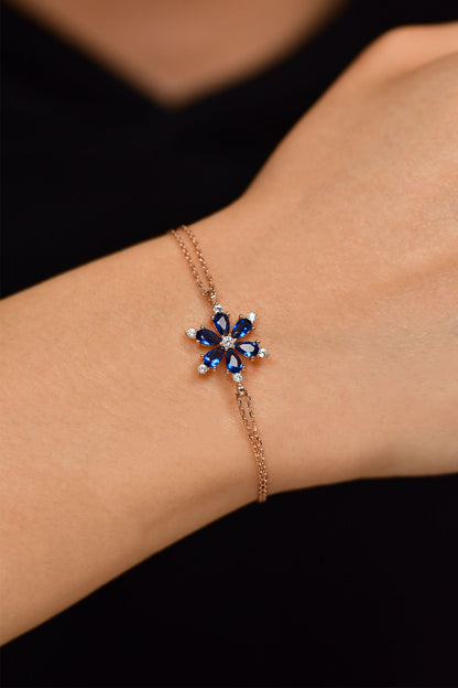 925 Ayar Safir Taşlı Rose Lotus Çiçeği Gümüş Bileklik
