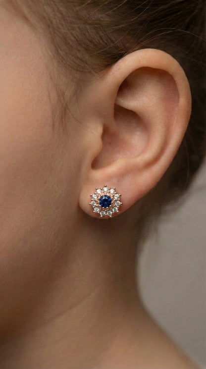 925 Ayar Safir Taşlı Rose Yuvarlak Anturaj Minimal Çivili Gümüş Küpe
